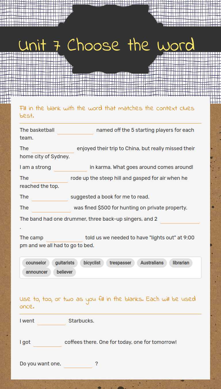 Unit 7 Choose the Word worksheet preview image