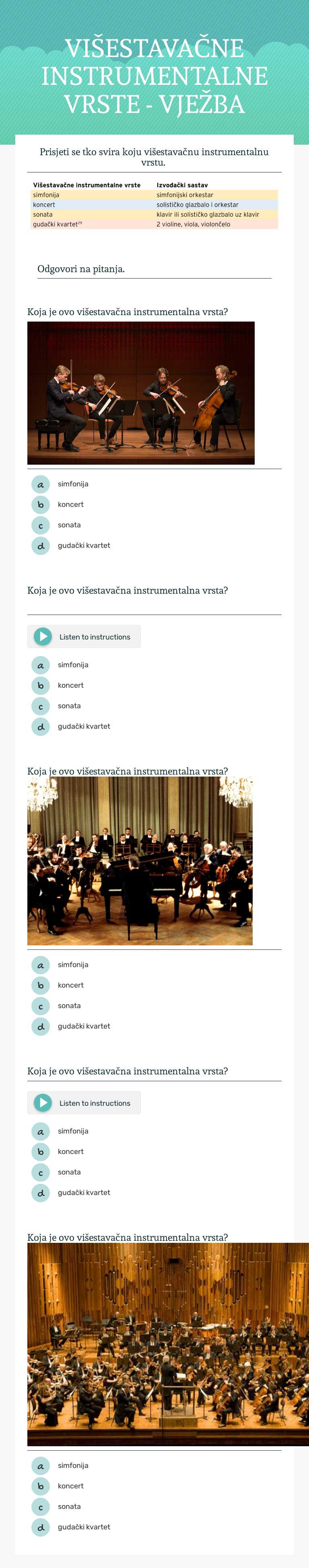 VIŠESTAVAČNE INSTRUMENTALNE VRSTE - VJEŽBA Grade 7 worksheet preview