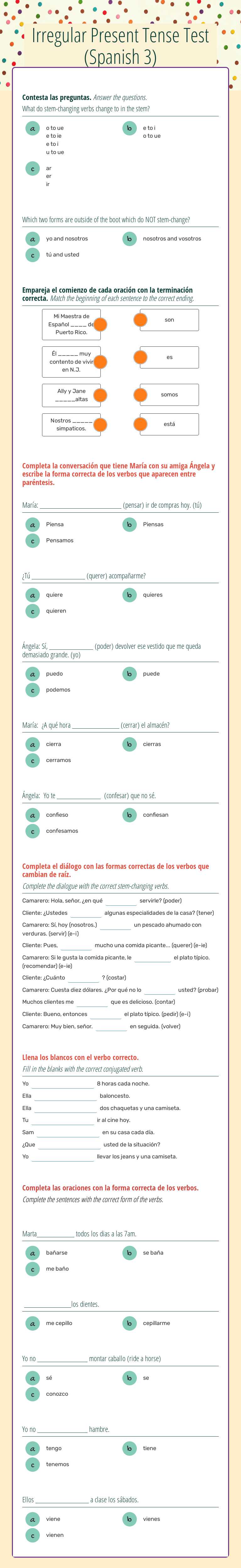 Irregular Present Tense Test   
 (Spanish 3) worksheet preview image