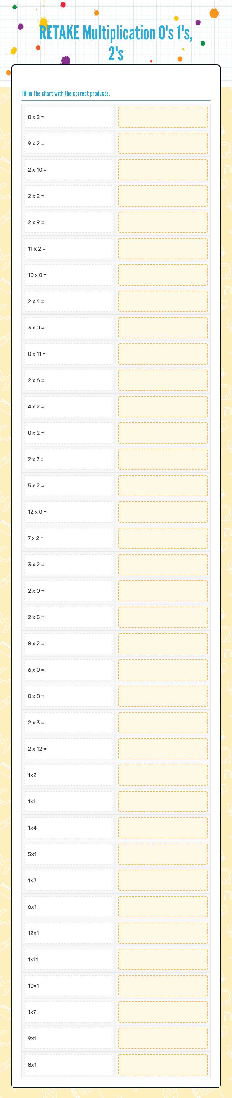 RETAKE Multiplication 0's 1's, 2's worksheet preview image