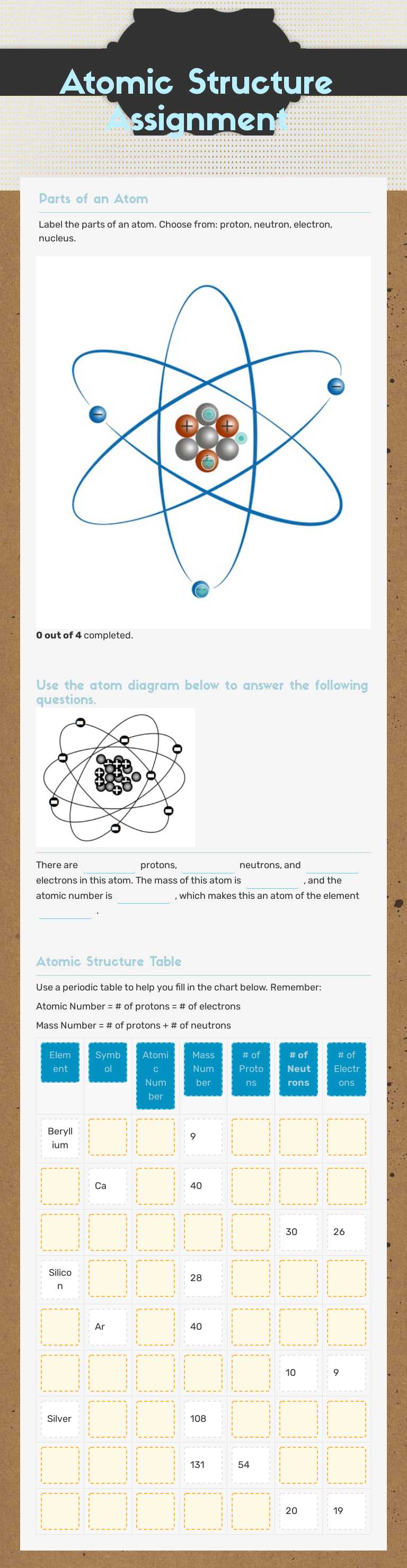 Atomic Structure Assignment Grade 8 worksheet preview