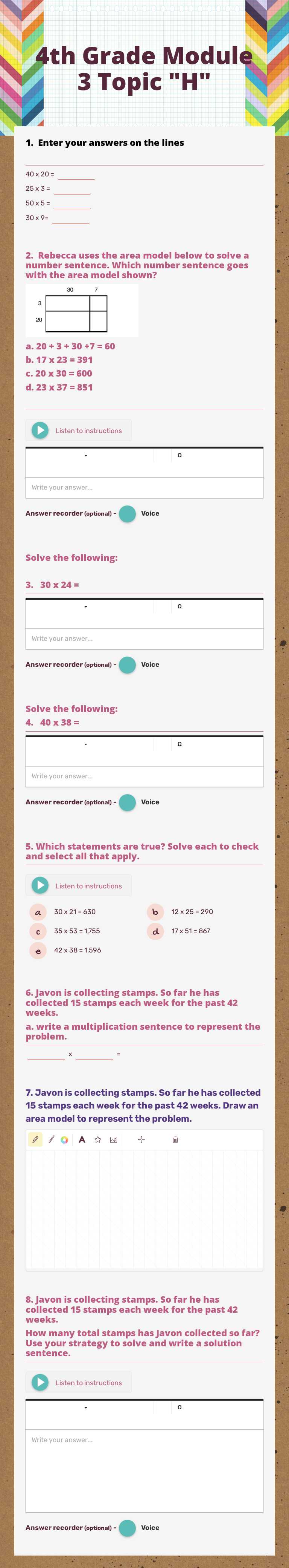 4th Grade Module 3 Topic "H" worksheet preview image