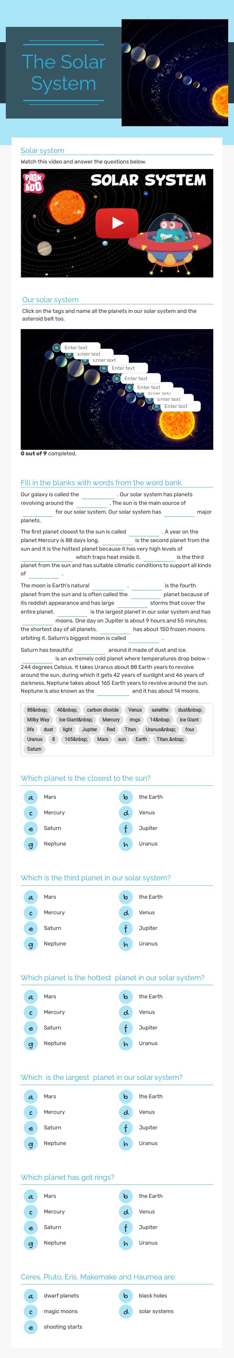 The Solar System Grade 6 worksheet preview