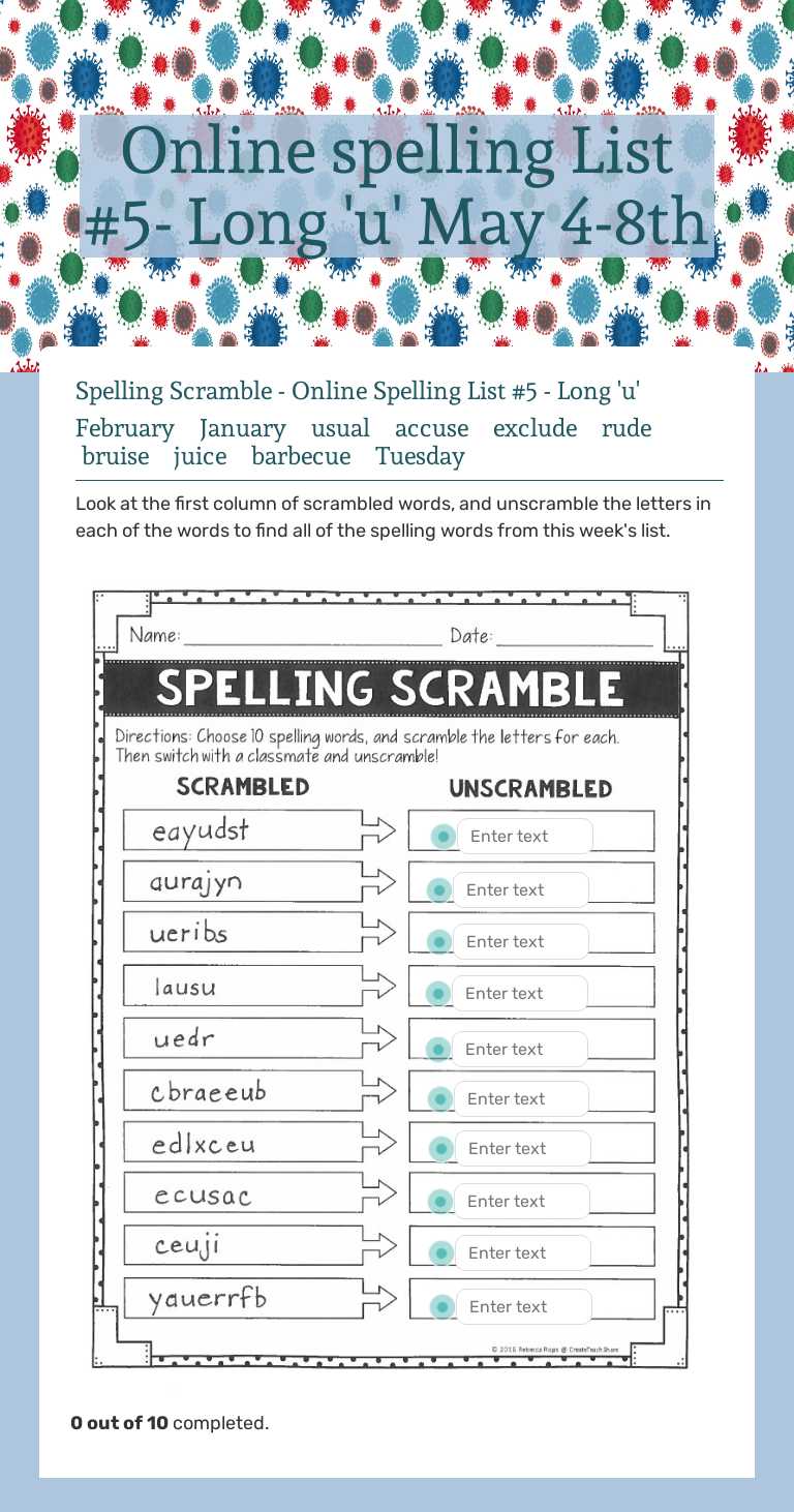 Online spelling List #5- Long 'u' May 4-8th Grade 3 worksheet preview