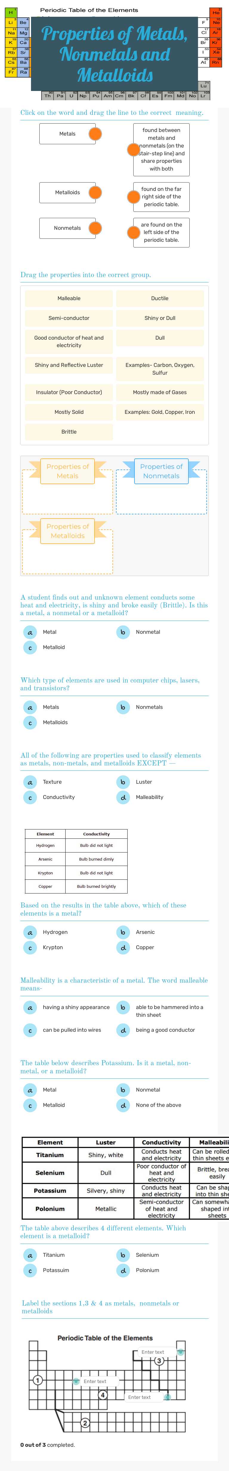 Properties of Metals, Nonmetals and Metalloids worksheet preview image