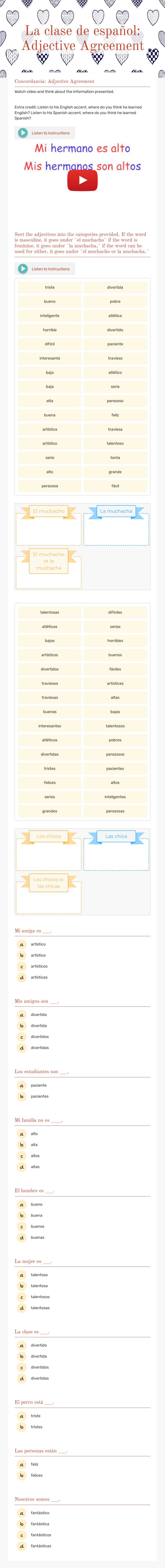 La clase de español: Adjective Agreement worksheet preview image