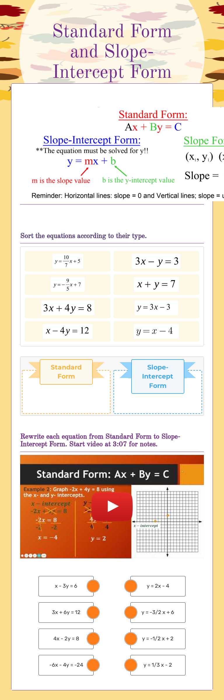 Standard Form and Slope-Intercept Form worksheet preview image