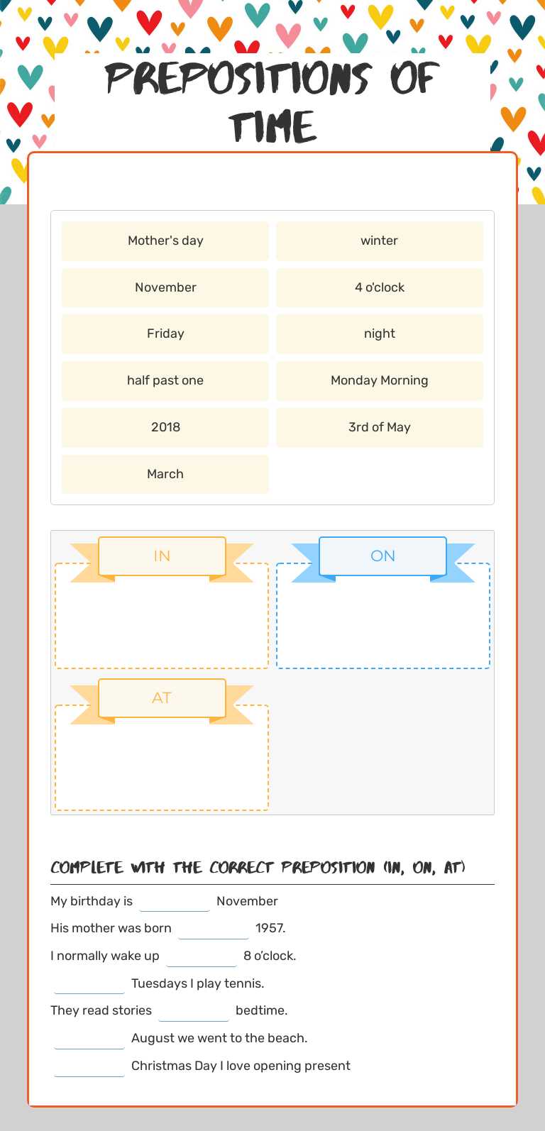 Prepositions of   
 time Grade 4 worksheet preview