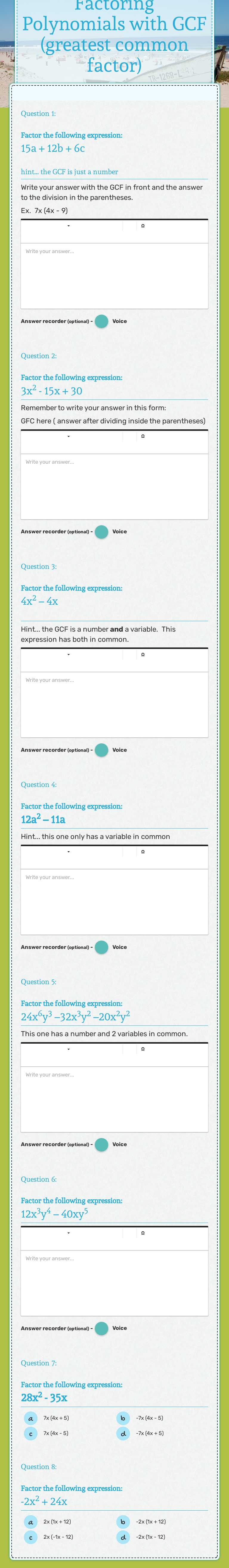 Factoring Polynomials with GCF (greatest common factor) worksheet preview image