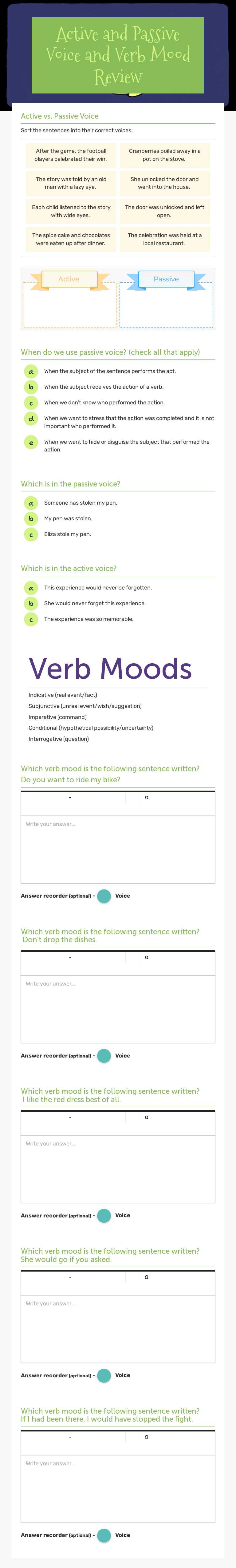 Active and Passive Voice and Verb Mood Review Grade 8 worksheet preview