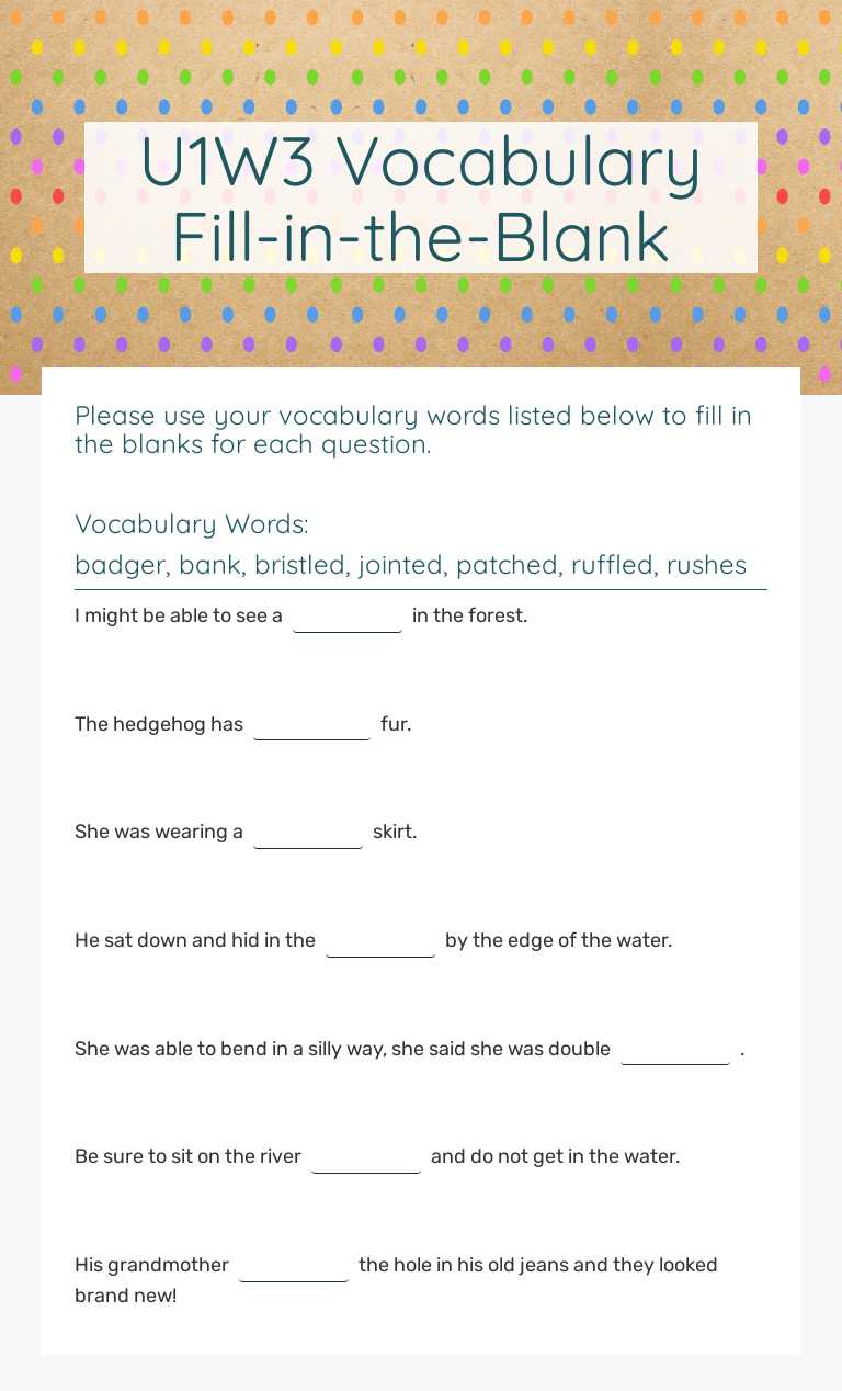 U1W3 Vocabulary Fill-in-the-Blank Grade 4 worksheet preview