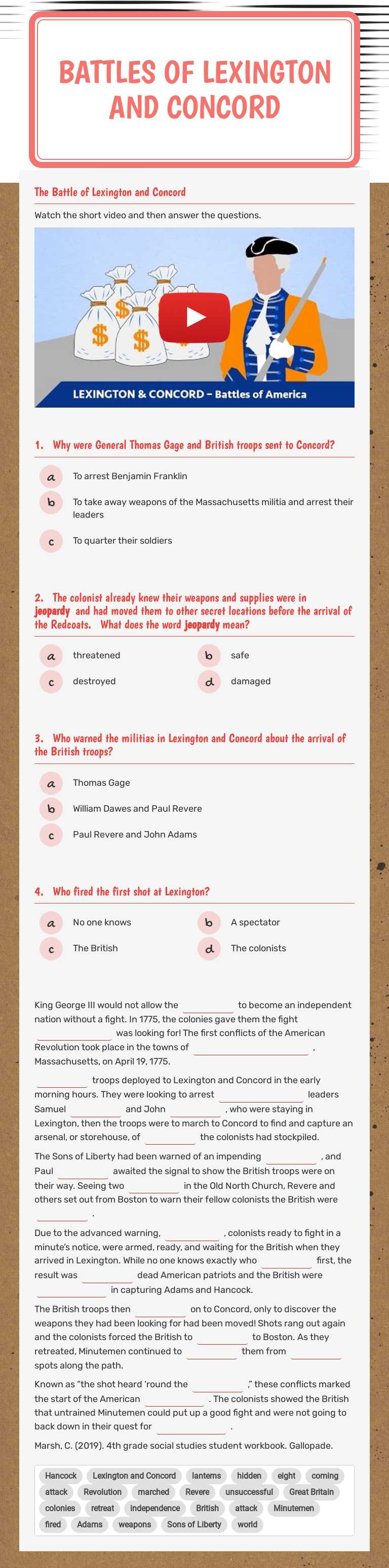 Battles of Lexington and Concord Grade 4 worksheet preview