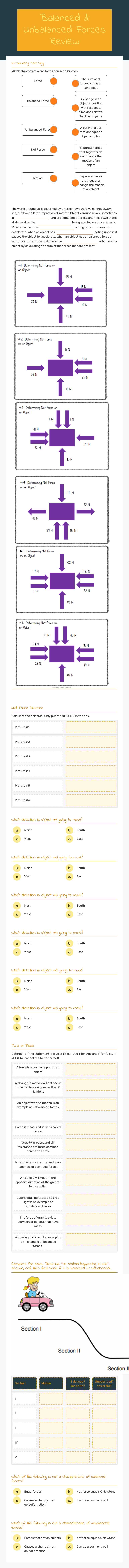 Balanced & Unbalanced Forces Review worksheet preview image