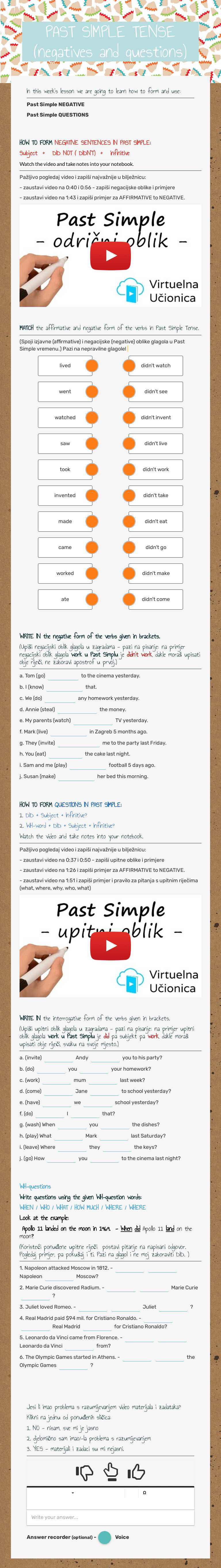 PAST SIMPLE TENSE   (negatives and questions) worksheet preview image
