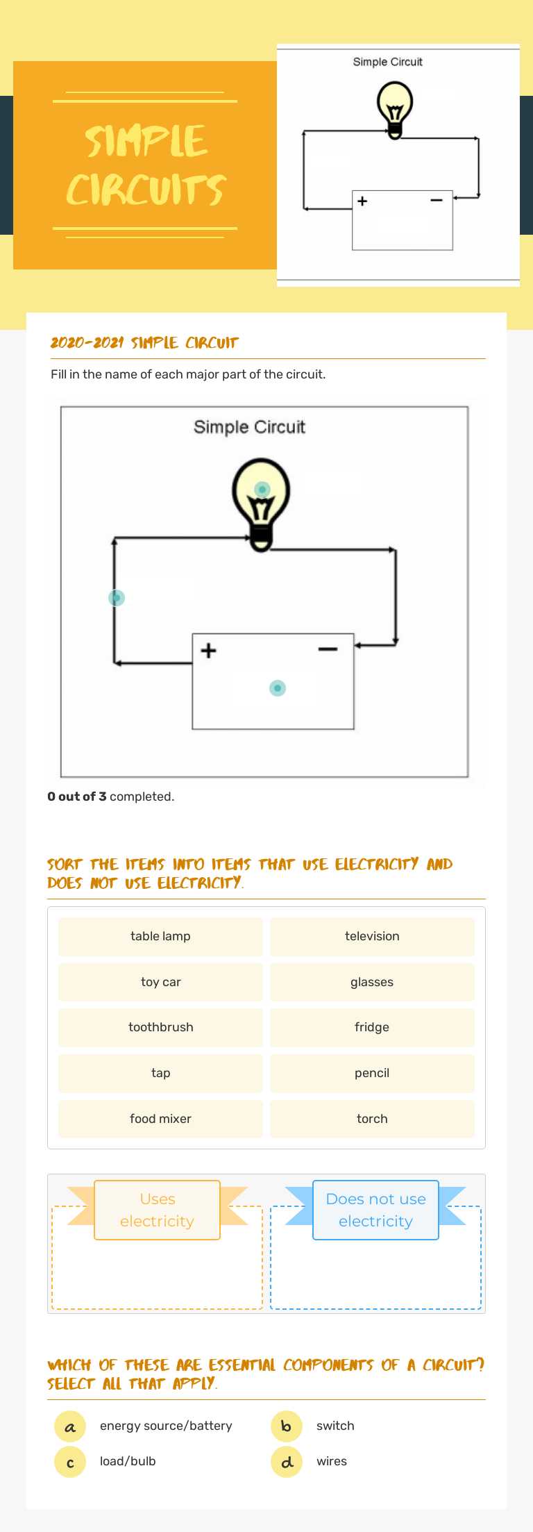 Simple Circuits worksheet preview image