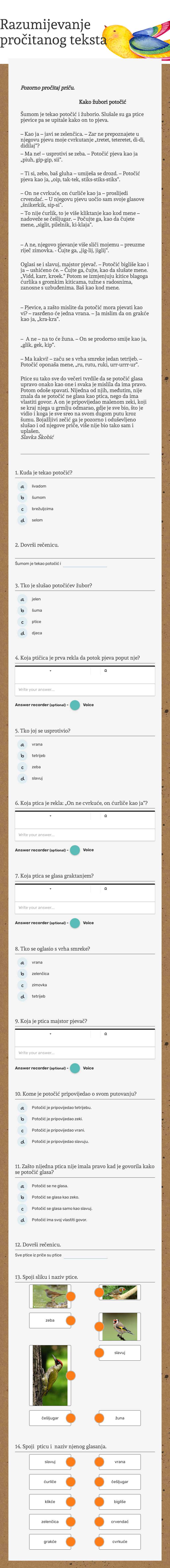 Razumijevanje pročitanog    teksta worksheet preview image