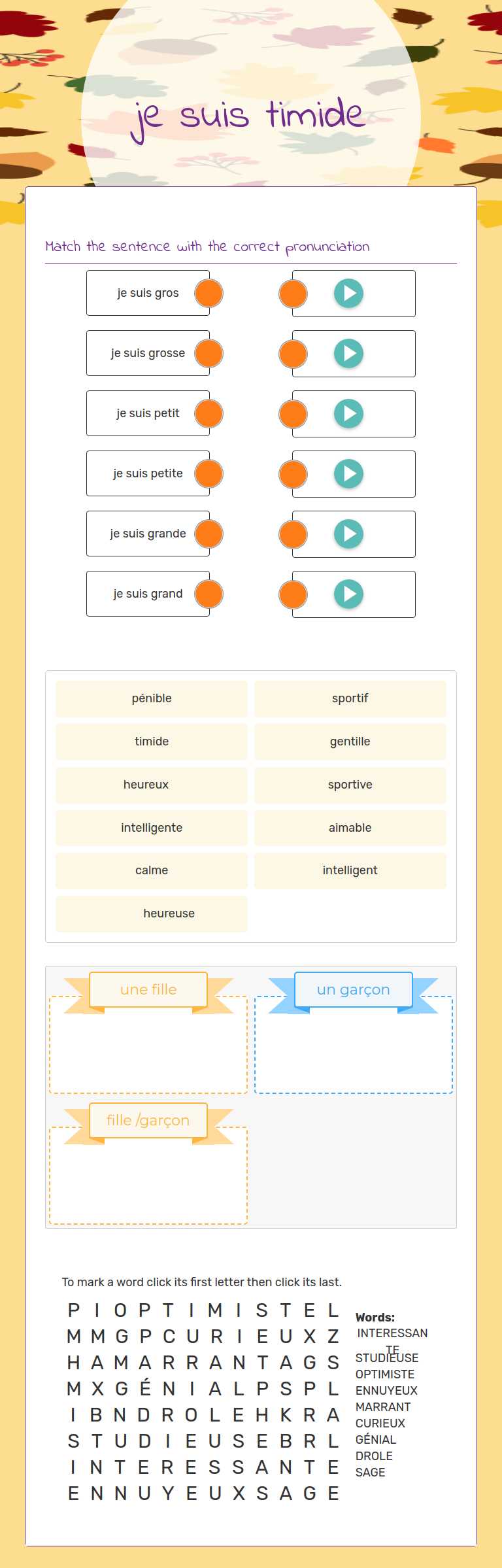 je suis timide worksheet preview image