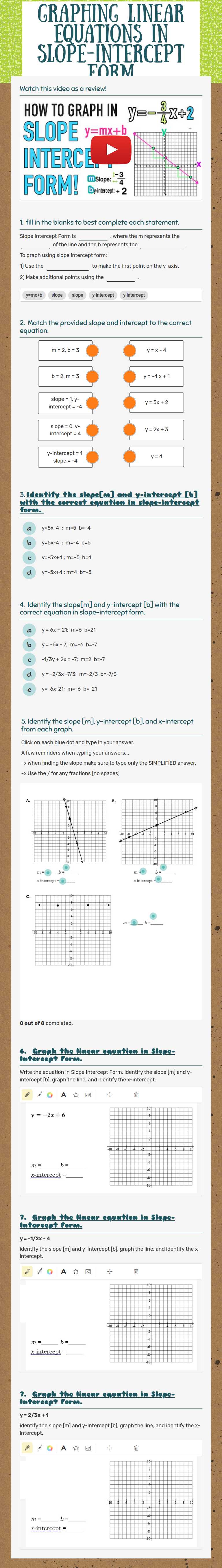 Graphing Linear Equations in Slope-Intercept Form worksheet preview image
