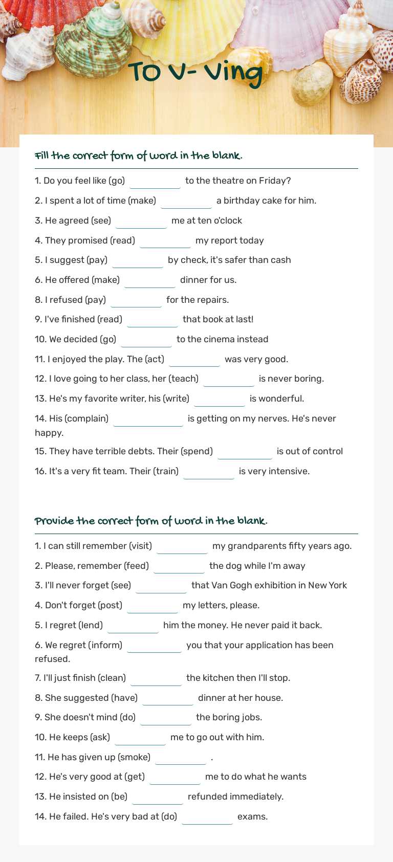 TO V- Ving worksheet preview image