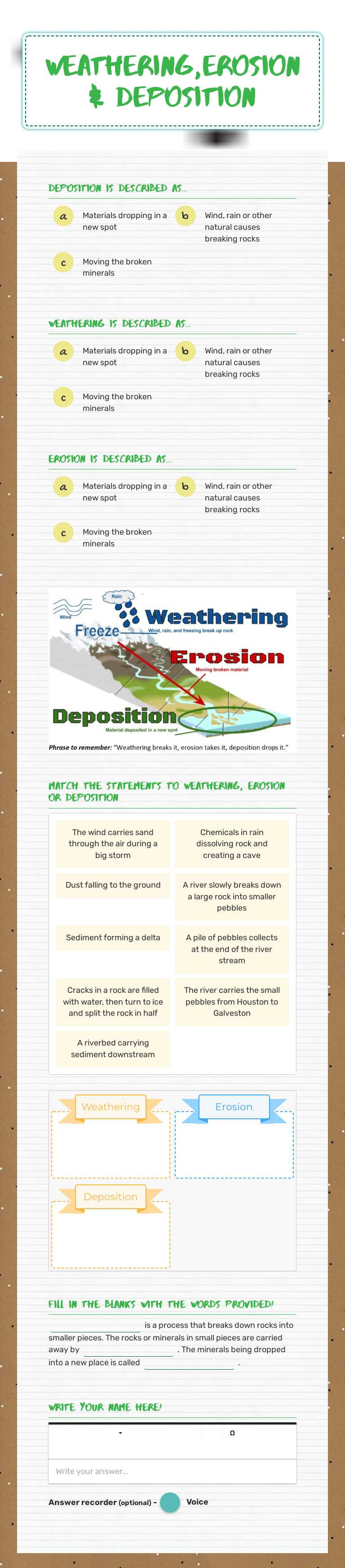 Weathering,Erosion & Deposition worksheet preview image