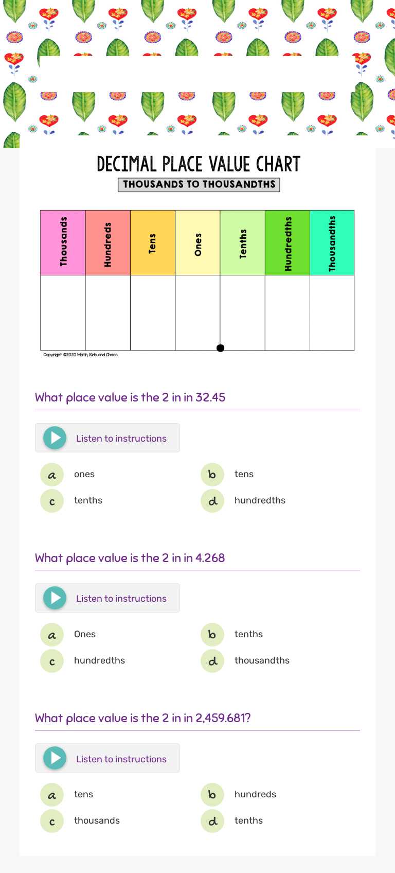 Decimal Place Value Practice! worksheet preview image