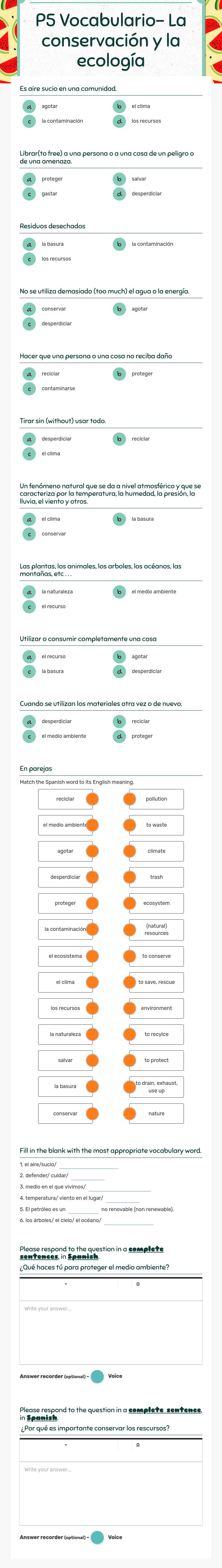 P5 Vocabulario- La conservación y la  ecología worksheet preview image