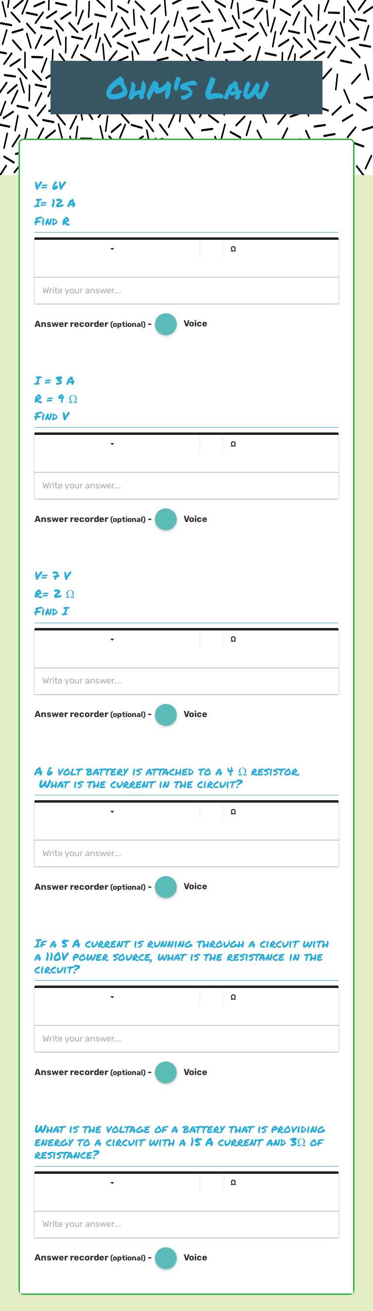 Ohm's Law Grade 9 worksheet preview