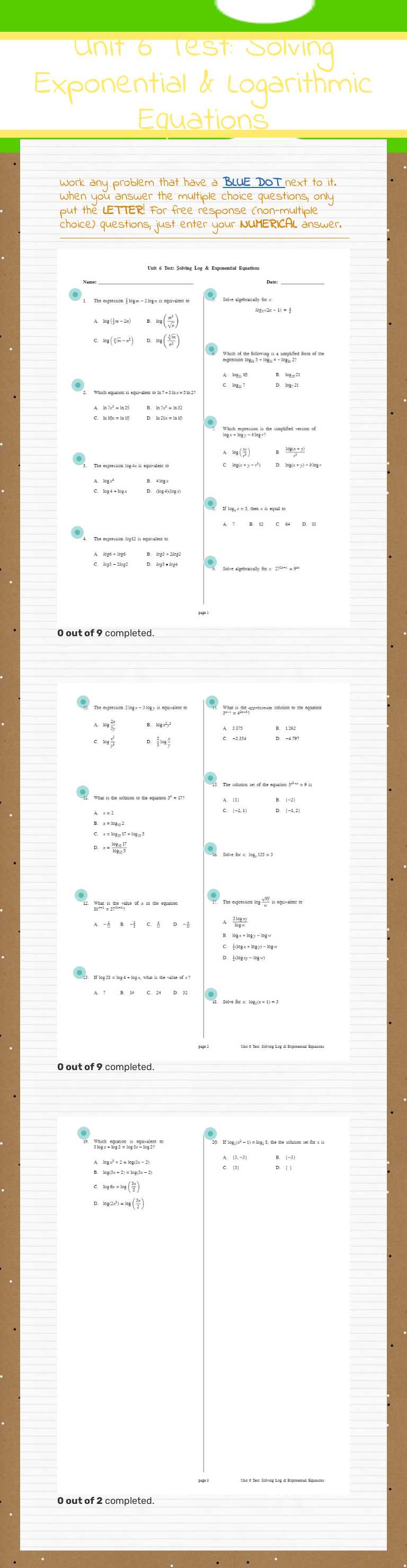 Unit 6 Test: Solving Exponential & Logarithmic Equations worksheet preview image