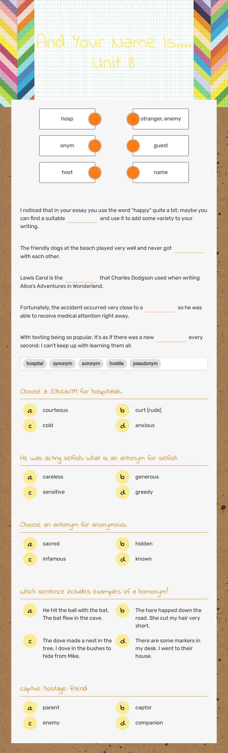 And Your Name Is.... Unit 8 worksheet preview image