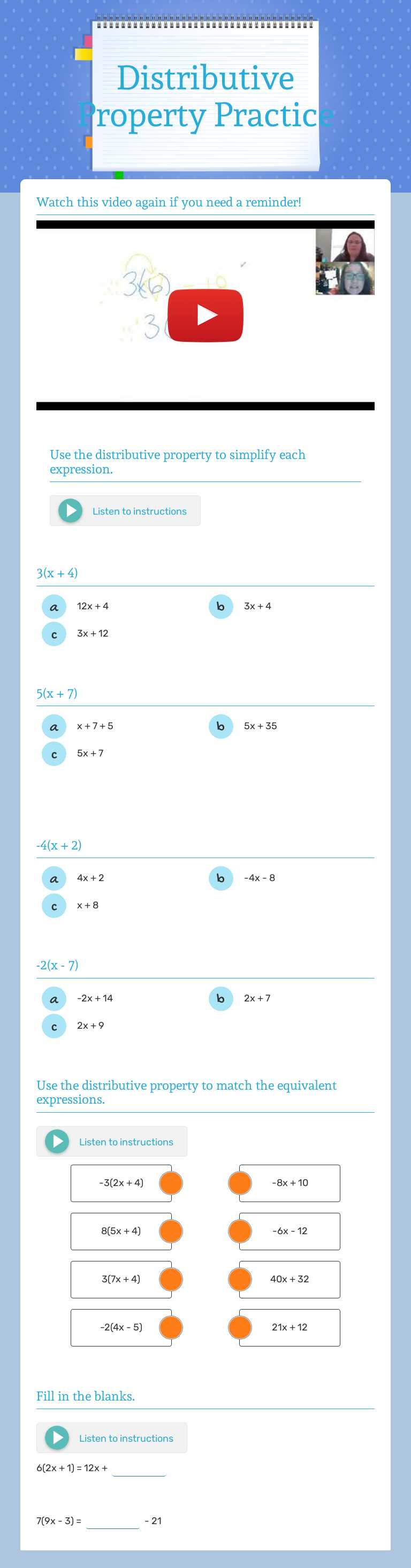 Distributive Property Practice Grade 8 worksheet preview