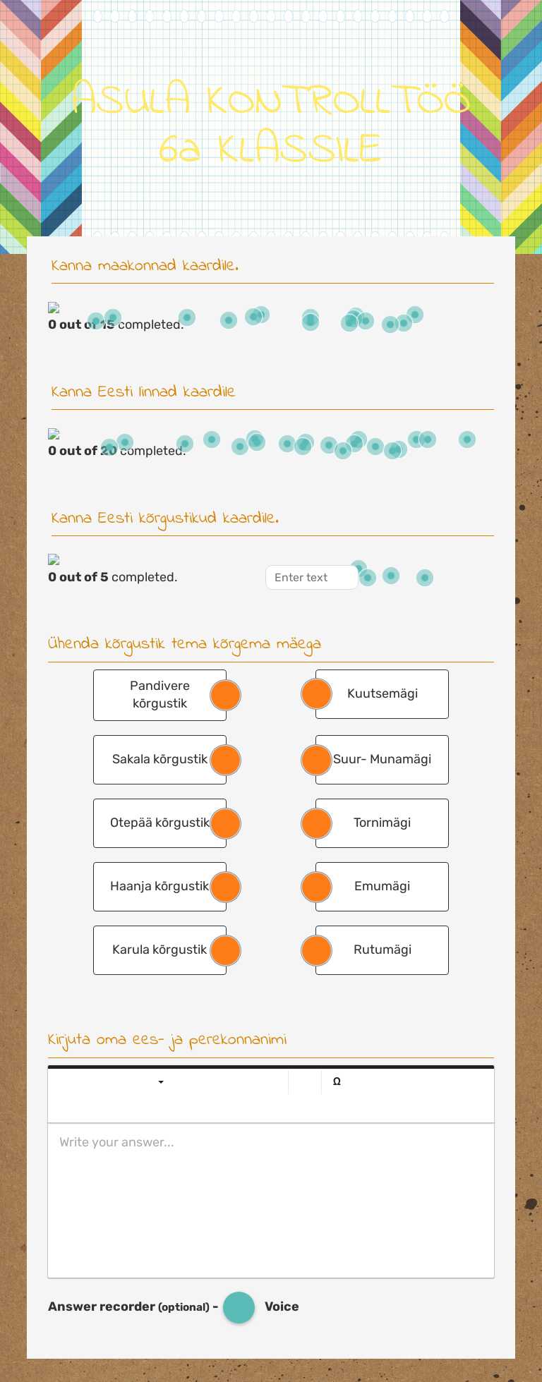 ASULA KONTROLLTÖÖ 6a KLASSILE worksheet preview image