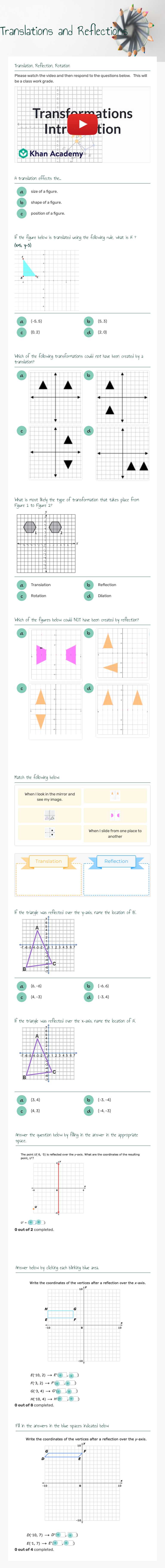 Translations and Reflections worksheet preview image