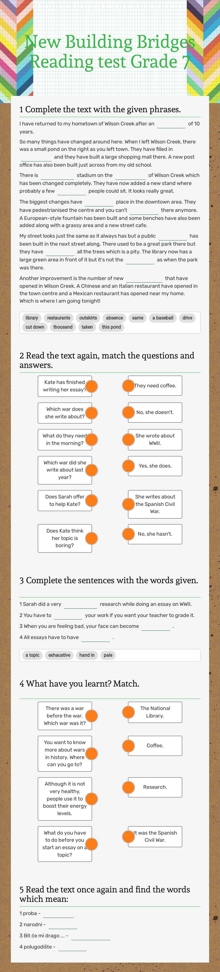 New Building Bridges                              Reading test Grade 7 worksheet preview image