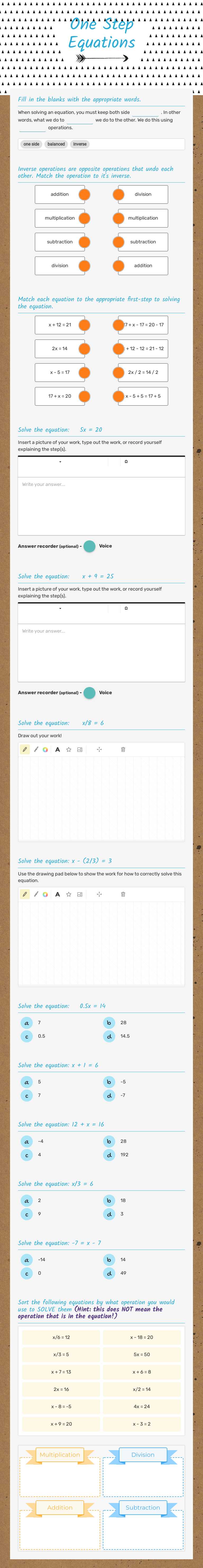 One Step Equations Grade 7 worksheet preview