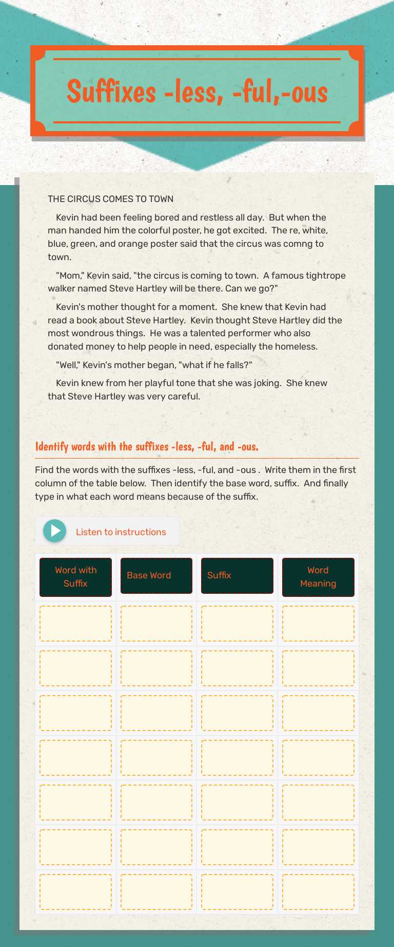 Suffixes -less, -ful,-ous worksheet preview image
