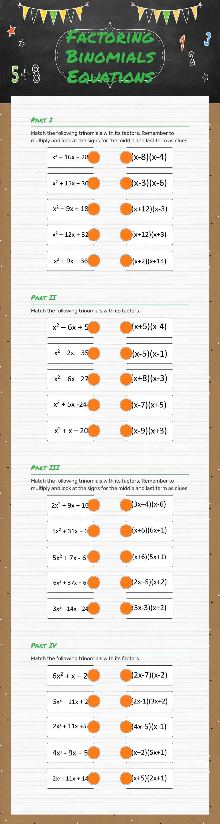 Factoring Binomials  Equations worksheet preview image