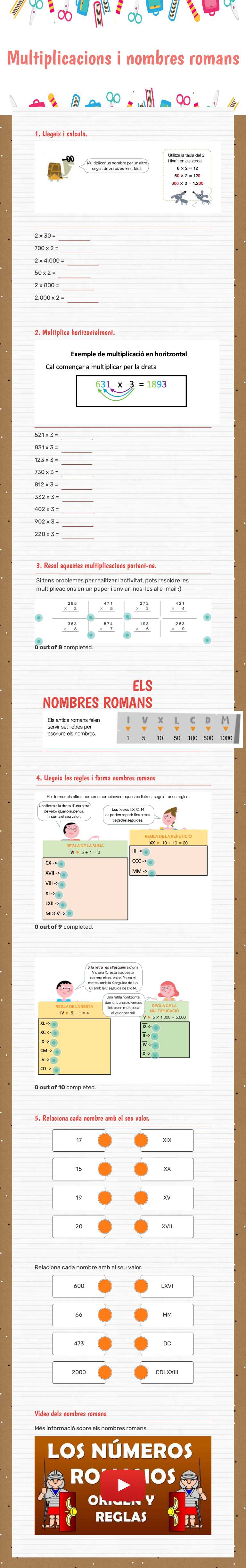 Multiplicacions i nombres romans worksheet preview image