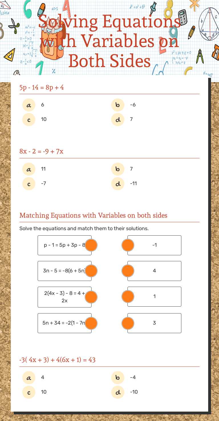 Solving Equations with Variables on Both Sides worksheet preview image
