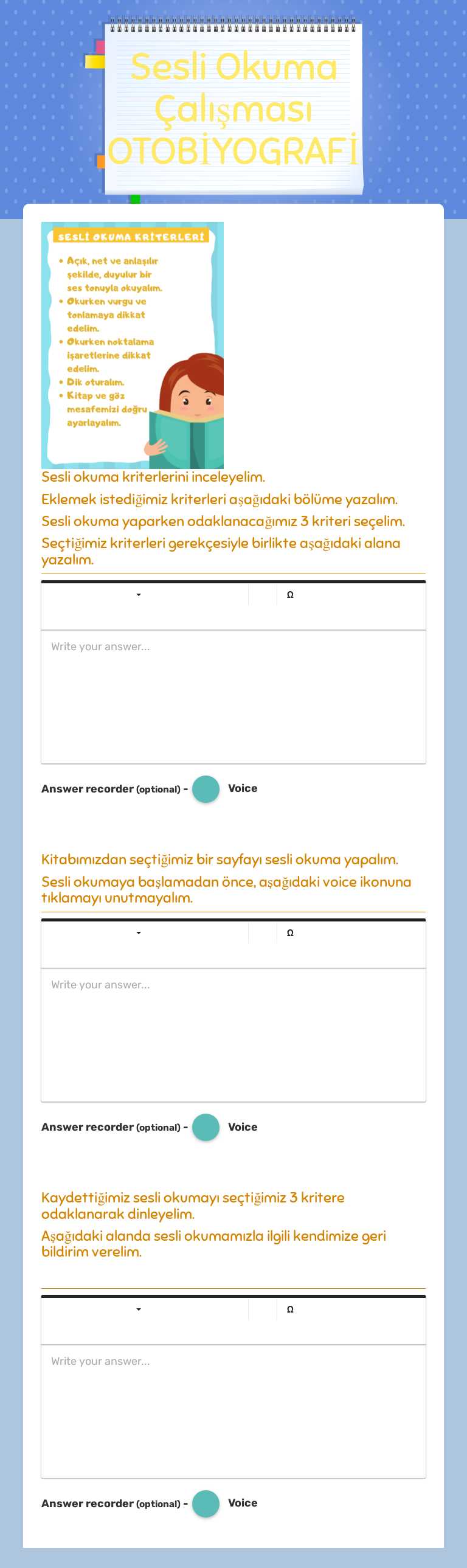 Sesli Okuma Çalışması OTOBİYOGRAFİ Grade 3 worksheet preview