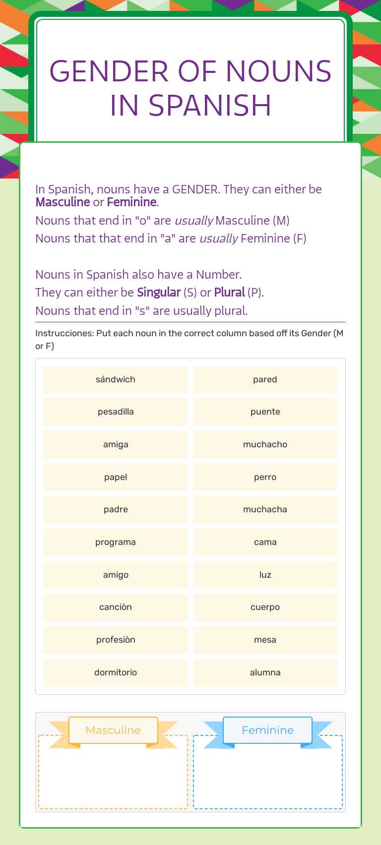 Gender of Nouns in Spanish worksheet preview image