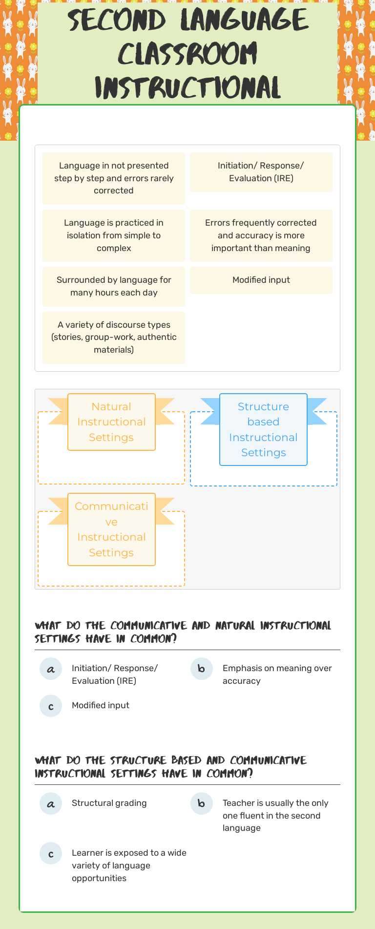 Second Language classroom Instructional settings worksheet preview image