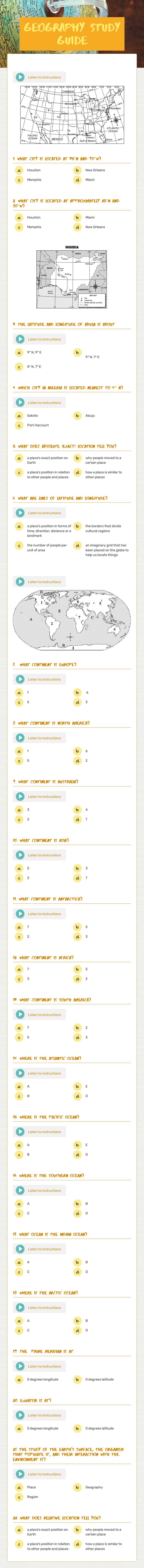 Geography Study GUide Grade 6 worksheet preview