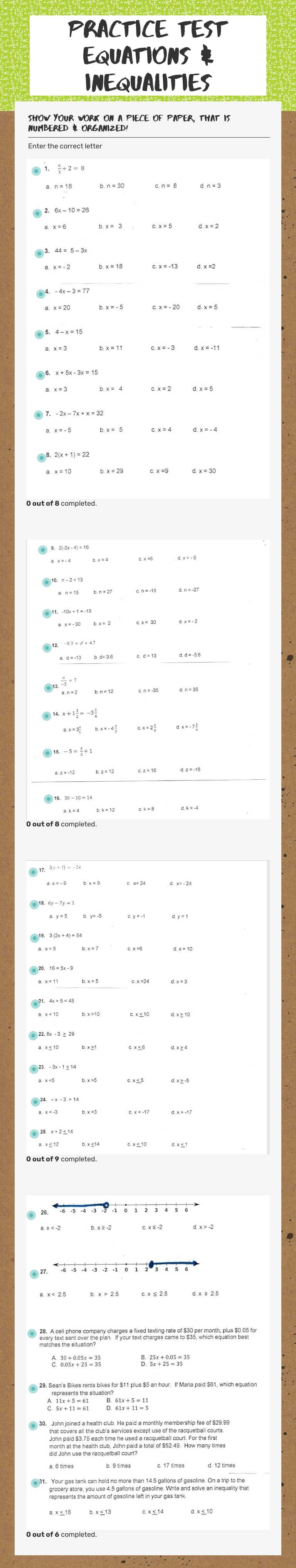 Practice Test Equations & Inequalities worksheet preview