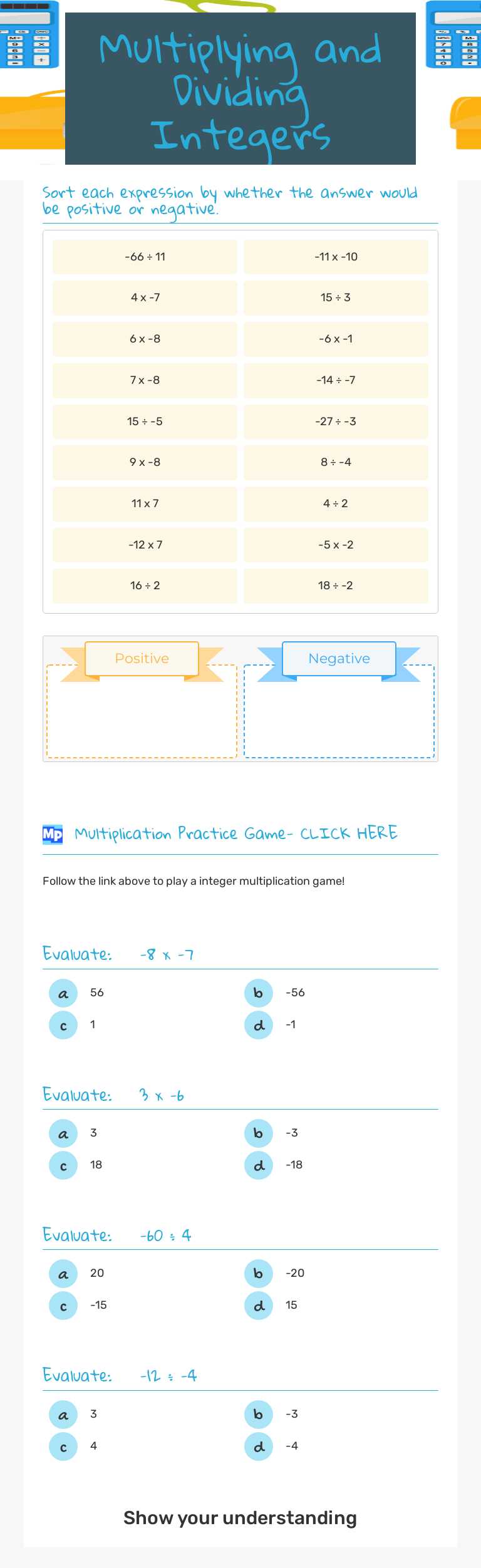 Multiplying and Dividing Integers by Steven Cox | Interactive Worksheet ...