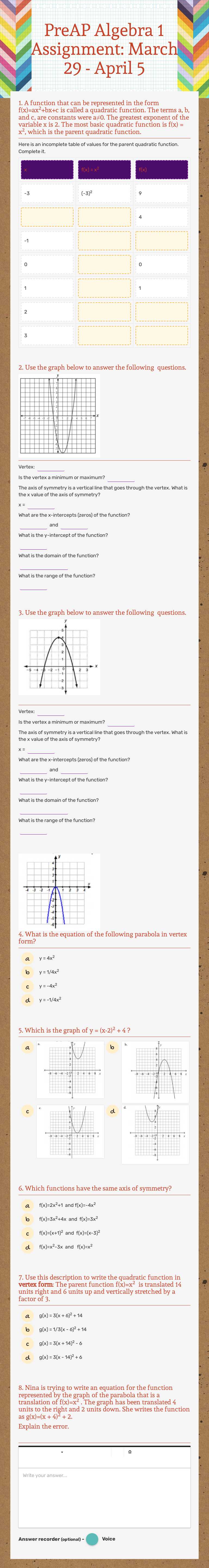 PreAP Algebra 1 Assignment: March 29 - April 5 Grade 9 worksheet preview