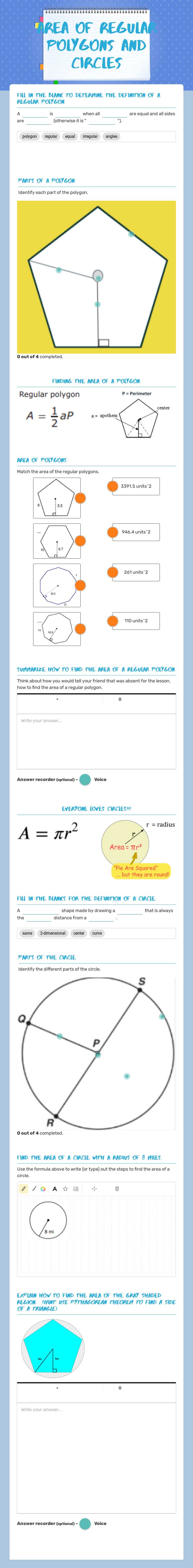 Area of regular polygons and circles worksheet preview image