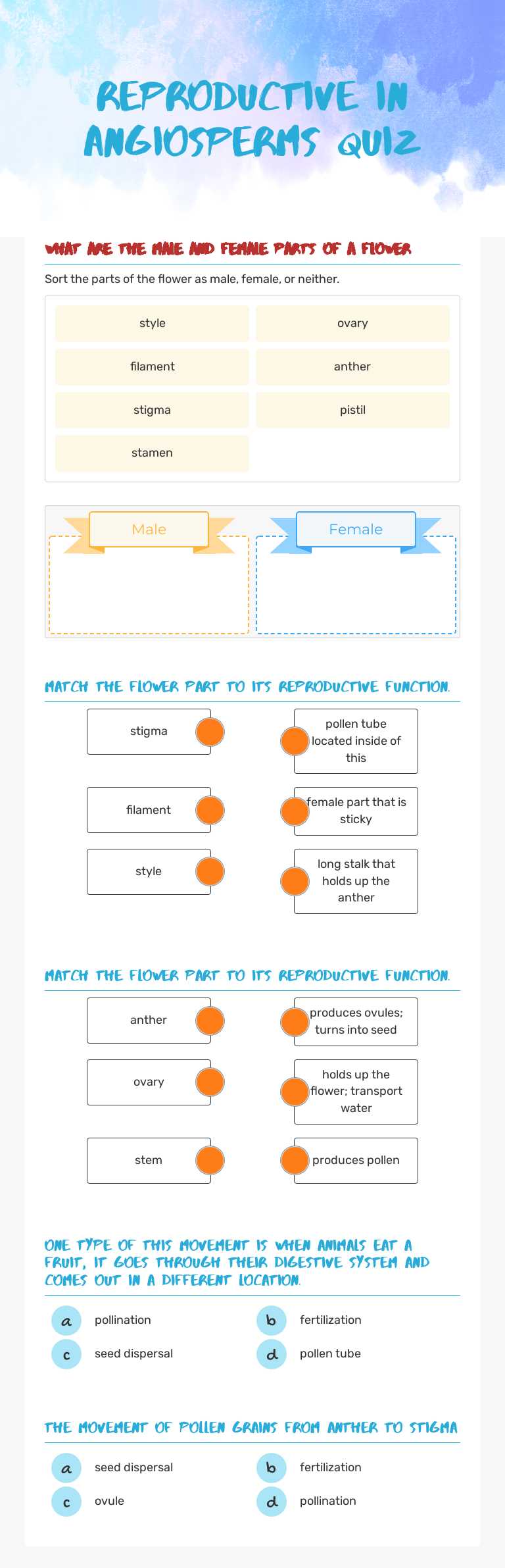 Reproductive in angiosperms quiz worksheet preview image