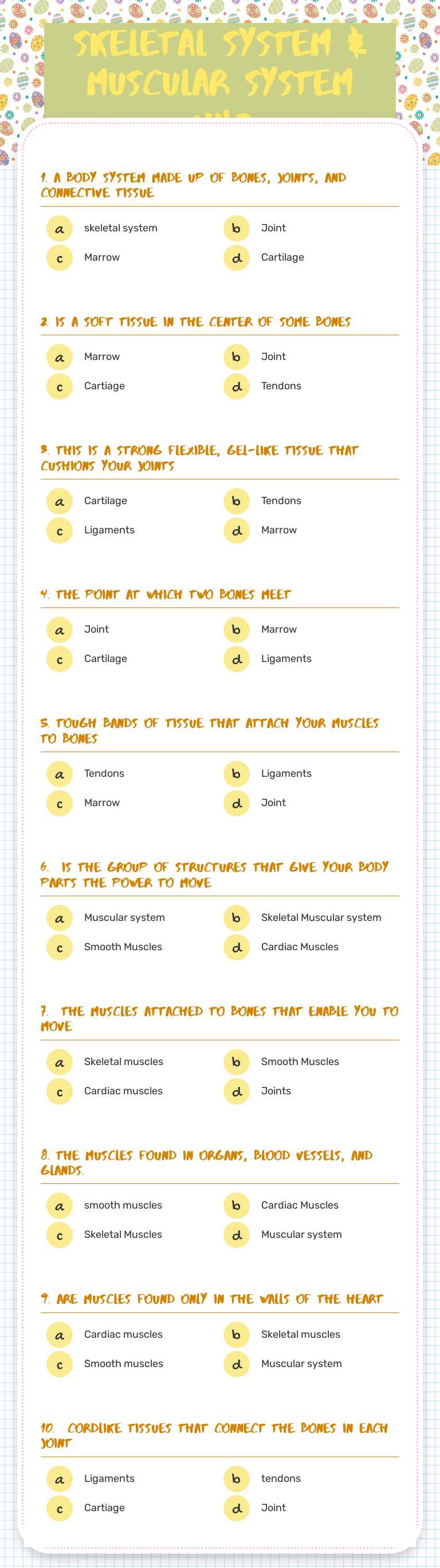 Skeletal System & Muscular System quiz Grade 6 worksheet preview