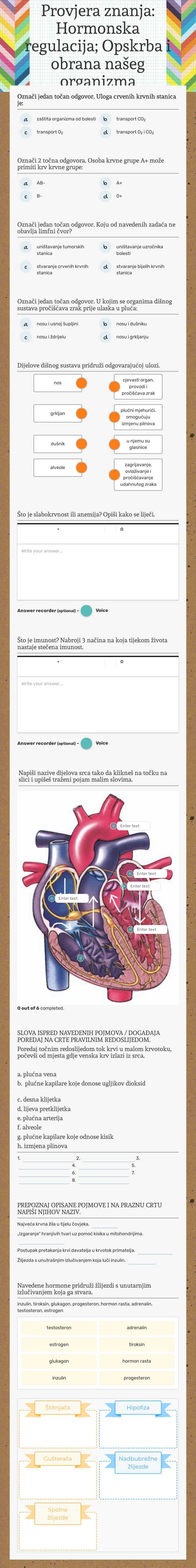 Provjera znanja:
Hormonska regulacija; Opskrba i obrana našeg organizma worksheet preview image