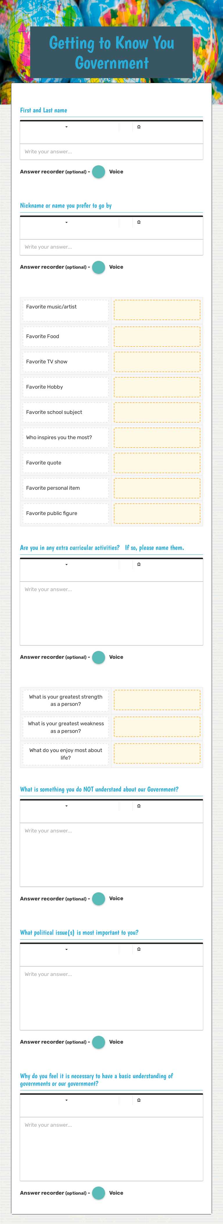 Getting to Know You Government worksheet preview image